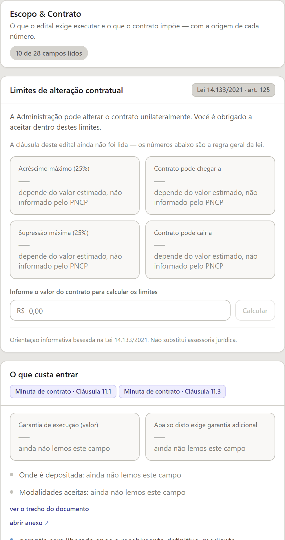 Card Escopo & Contrato: campos do edital com a cláusula de origem